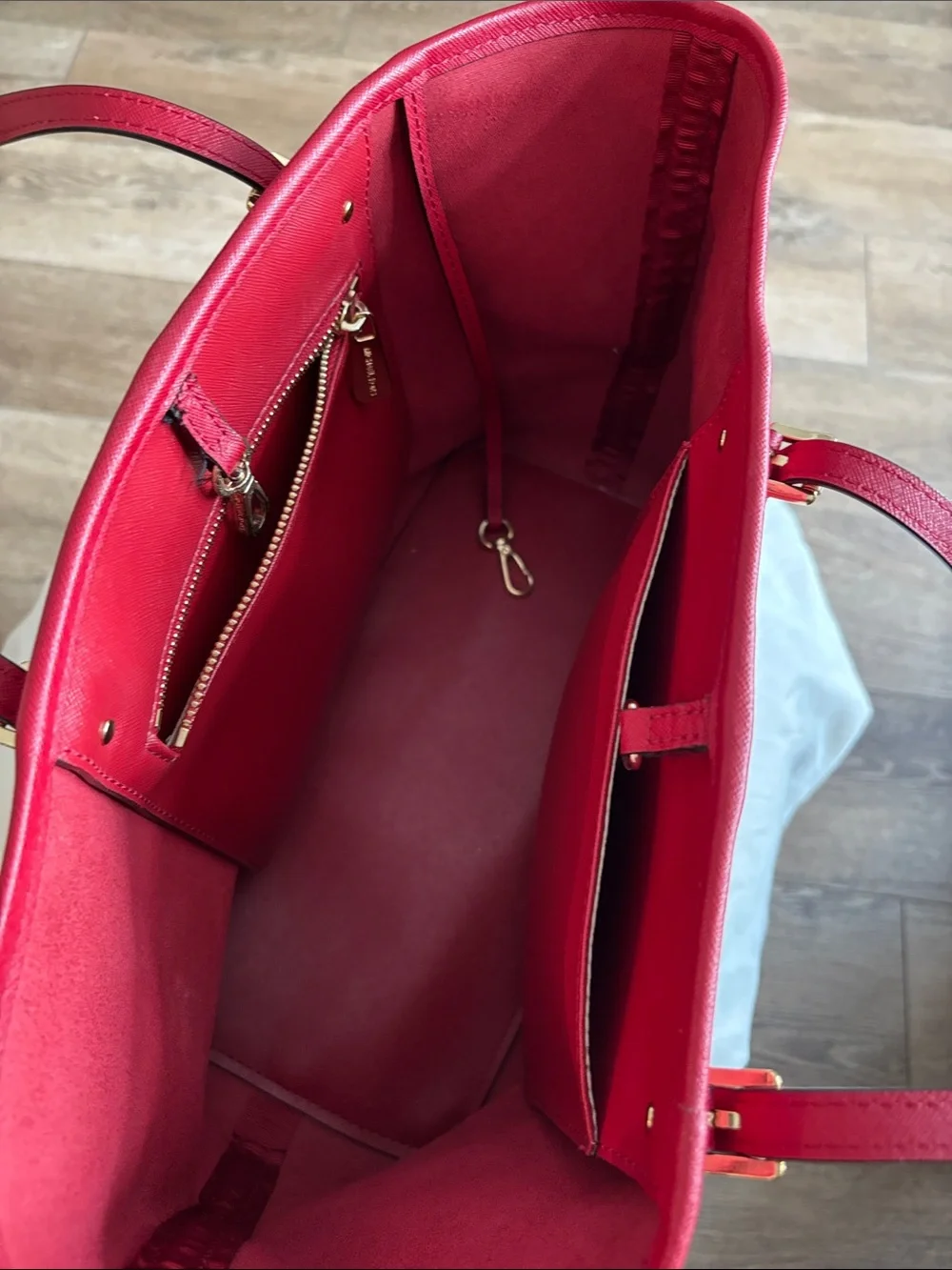 Michael Kors Red Saffiano Tote with Gold Logo Charm